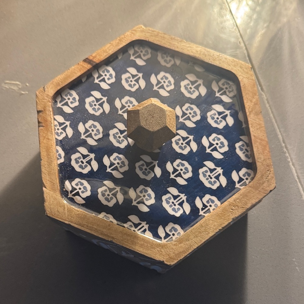 boxercraft Hexagonal Blue and Gold Patterned Jewelry Box